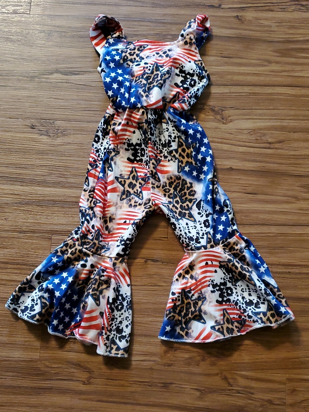 Girls' Stars & Leopard Print Ruffle Hem Jumpsuit - Blue/Red/White